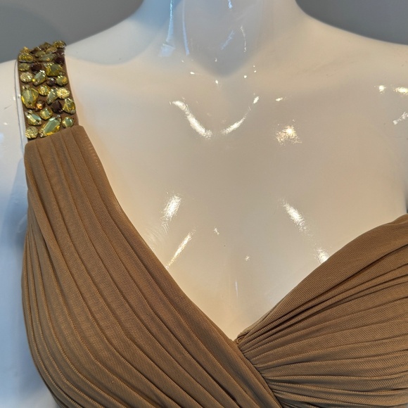 Terani Couture One-Shoulder Mini Dress 4 Nude Beaded Ruched Formal Gold Glam - Picture 6 of 7